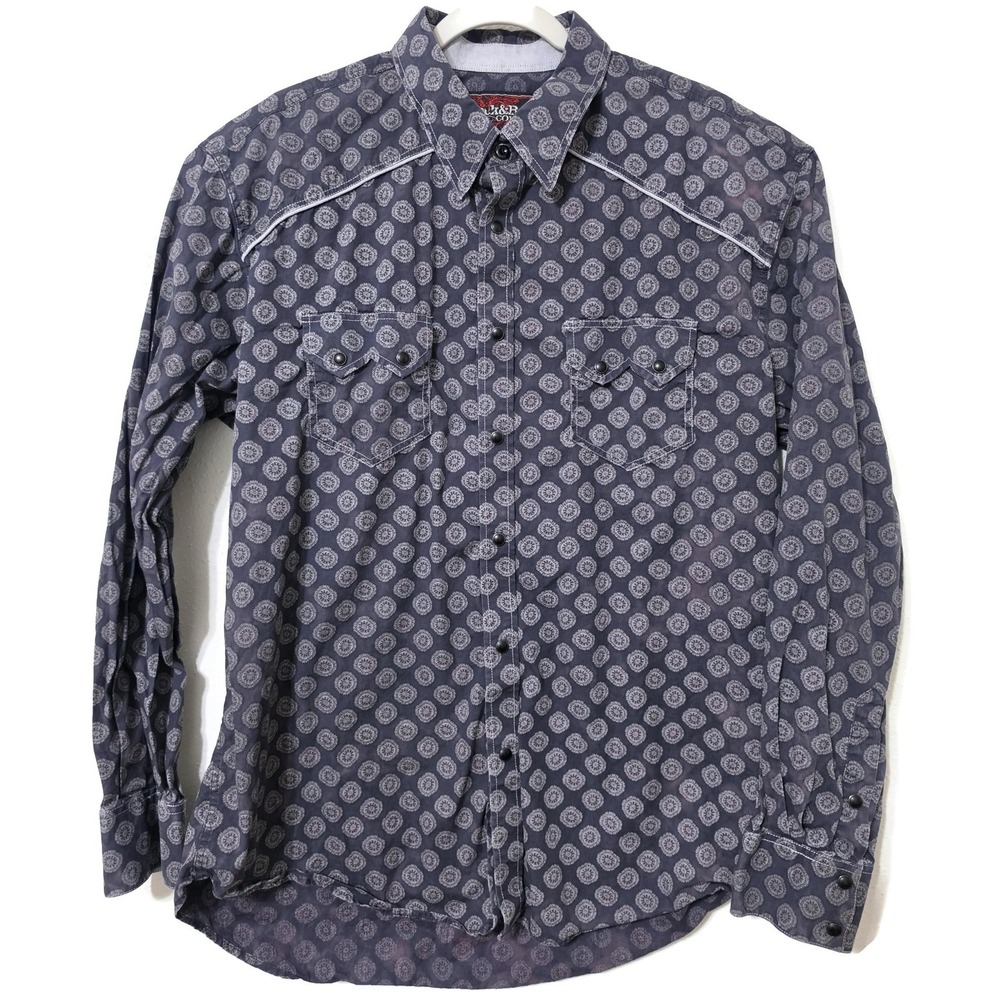 Rock & Roll Cowboy Shirt Mens XL Blue Geometric Long Sleeve Snap Front Western